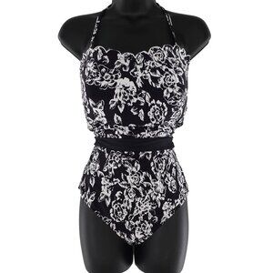 XL Sea Angel One Piece Swim Suit Black White Floral